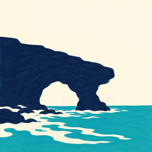 A large dark navy coastal rock arch projects from the left over turquoise water, with cream-colored openings and curling foam along its base beneath a broad…