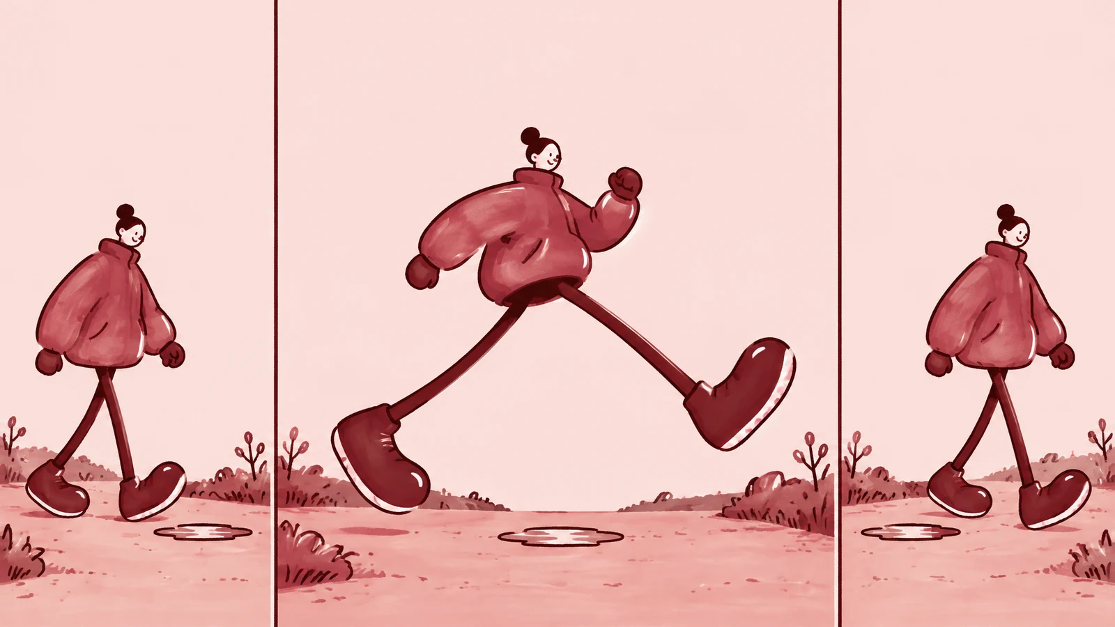 A hand-drawn, rose-and-burgundy illustration in three panels shows the same person in an oversized jacket walking along a pale outdoor path, taking a wide…