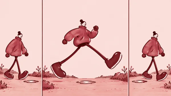 A hand-drawn, rose-and-burgundy illustration in three panels shows the same person in an oversized jacket walking along a pale outdoor path, taking a wide…