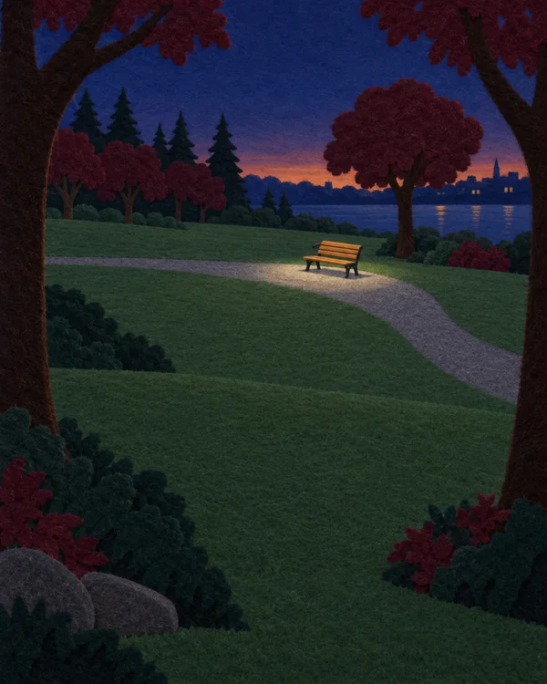 A felt-textured park at dusk with a small ochre bench beside a curving gravel path, framed by dark foreground trees.