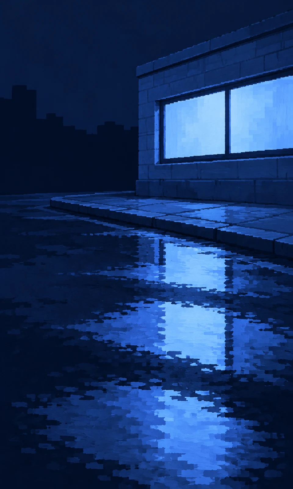 A low, wide pale-blue window with one dark vertical mullion fills the upper-right portion of a blue masonry facade.