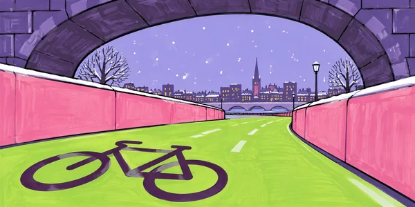 A lime-green cycle lane runs beneath a large violet stone arch, bordered by tall pink walls.