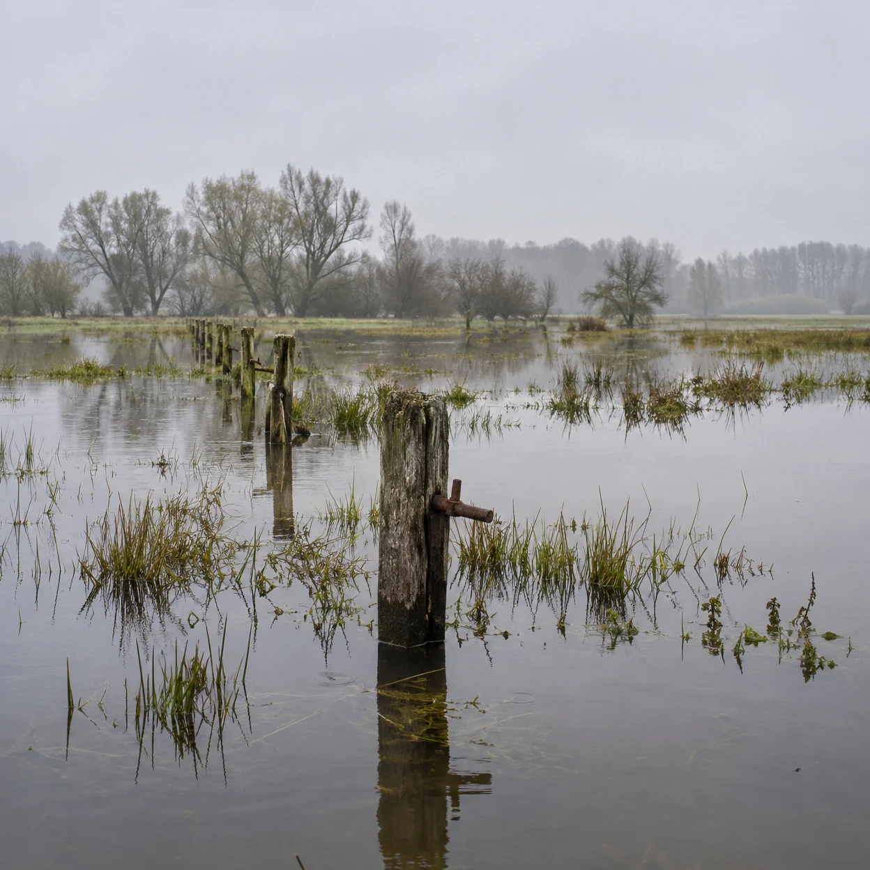 A weathered wooden post with a rusted hinge rises from still floodwater in a meadow, with a line of fence posts receding toward mist-softened trees beneath a…