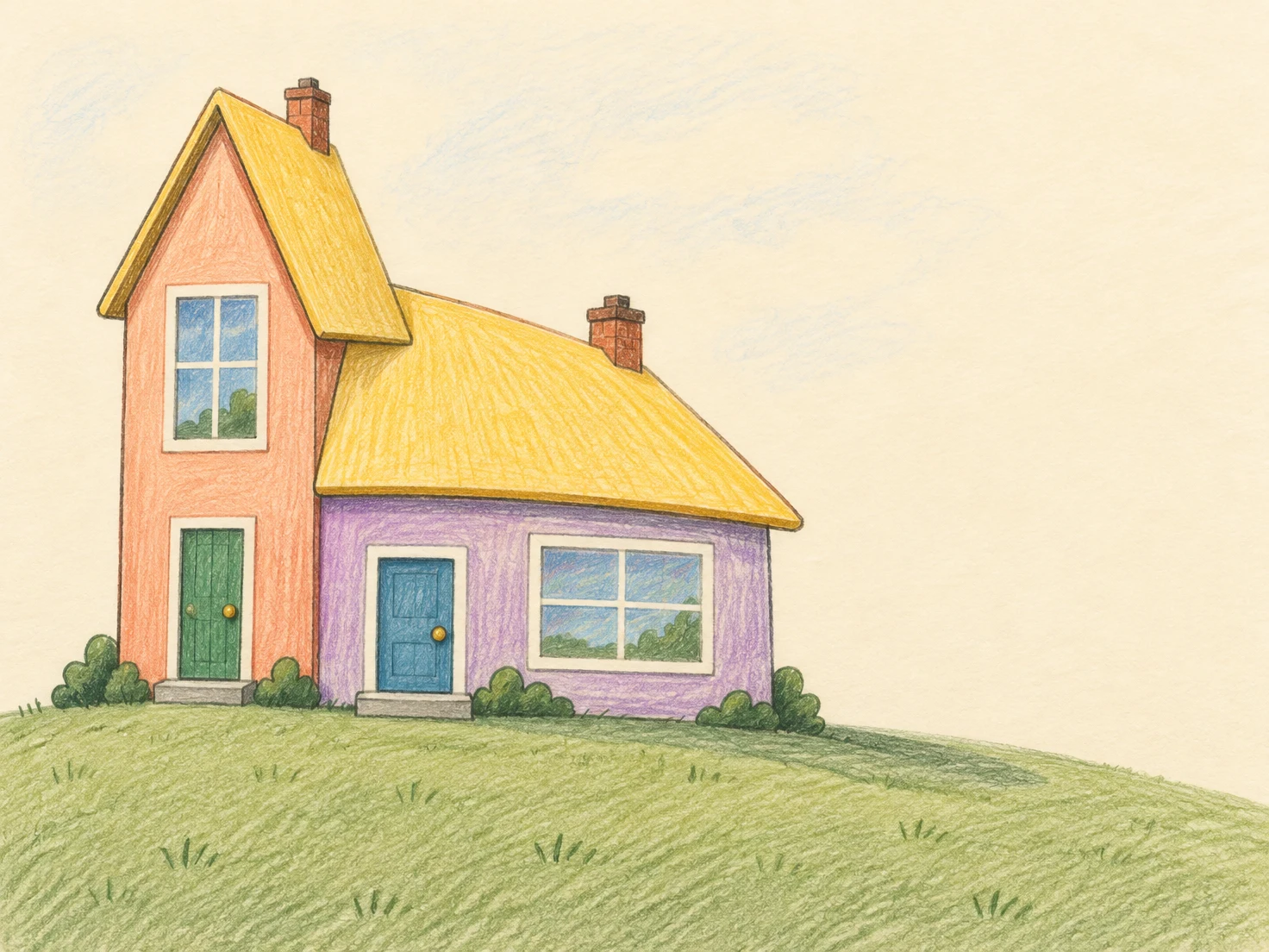 A hand-drawn colored-pencil illustration of an attached duplex on a grassy rise: a tall peach half stands beside a wider lavender half, each with a front door…