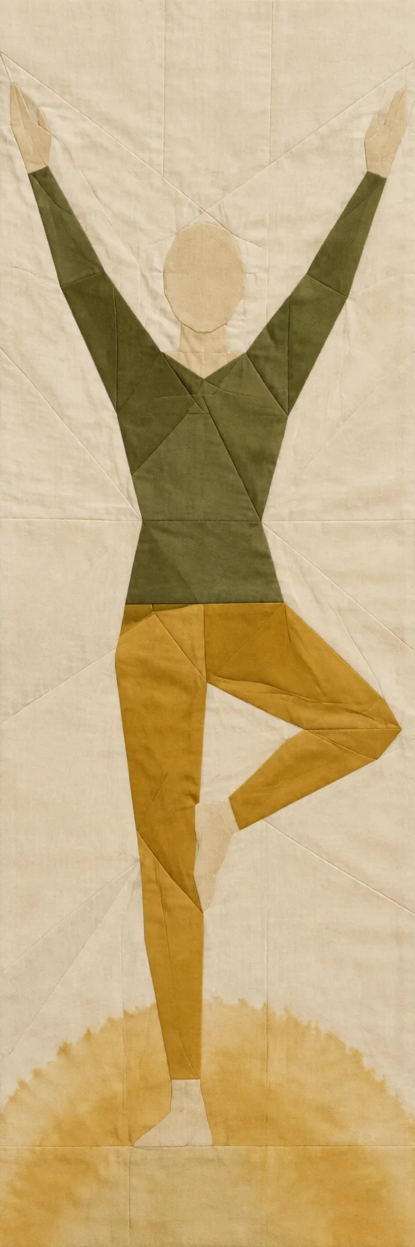 A full-length, featureless figure in a tree pose is pieced from olive and mustard fabric shapes against a cream quilt background, with raised arms and an ochre…