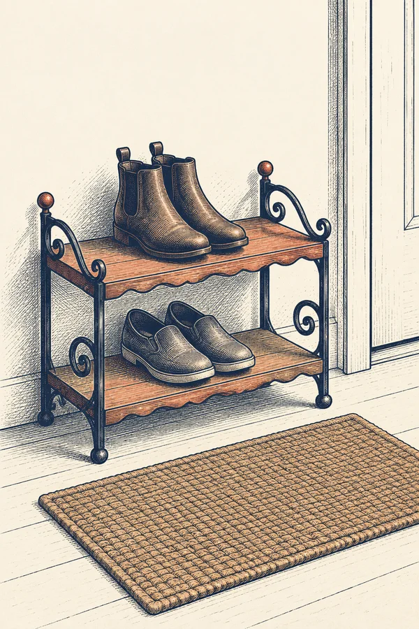 A two-tier entryway shoe rack with a pair of ankle boots on the upper shelf and a pair of slip-on shoes below, beside a large woven mat and a detailed doorway…