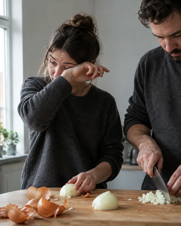 A woman in a charcoal sweater wipes one eye with her forearm while holding a peeled onion at a wooden kitchen board; a man cropped at the right chops onion…