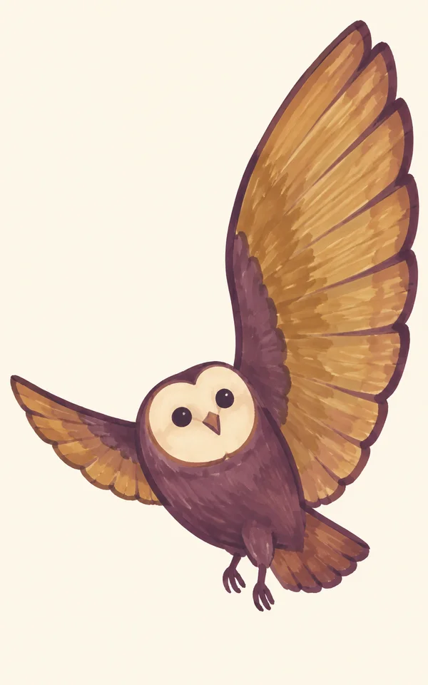 A hand-drawn marker-style owl with a small plum body, cream facial disk, dark eyes and dangling feet banks upward against a warm ivory background.