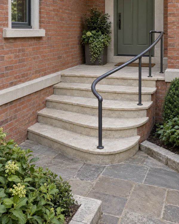 A curved set of pale limestone steps leads from a stone-paved courtyard to a closed sage-green door in a red-brick home, with a charcoal metal handrail…