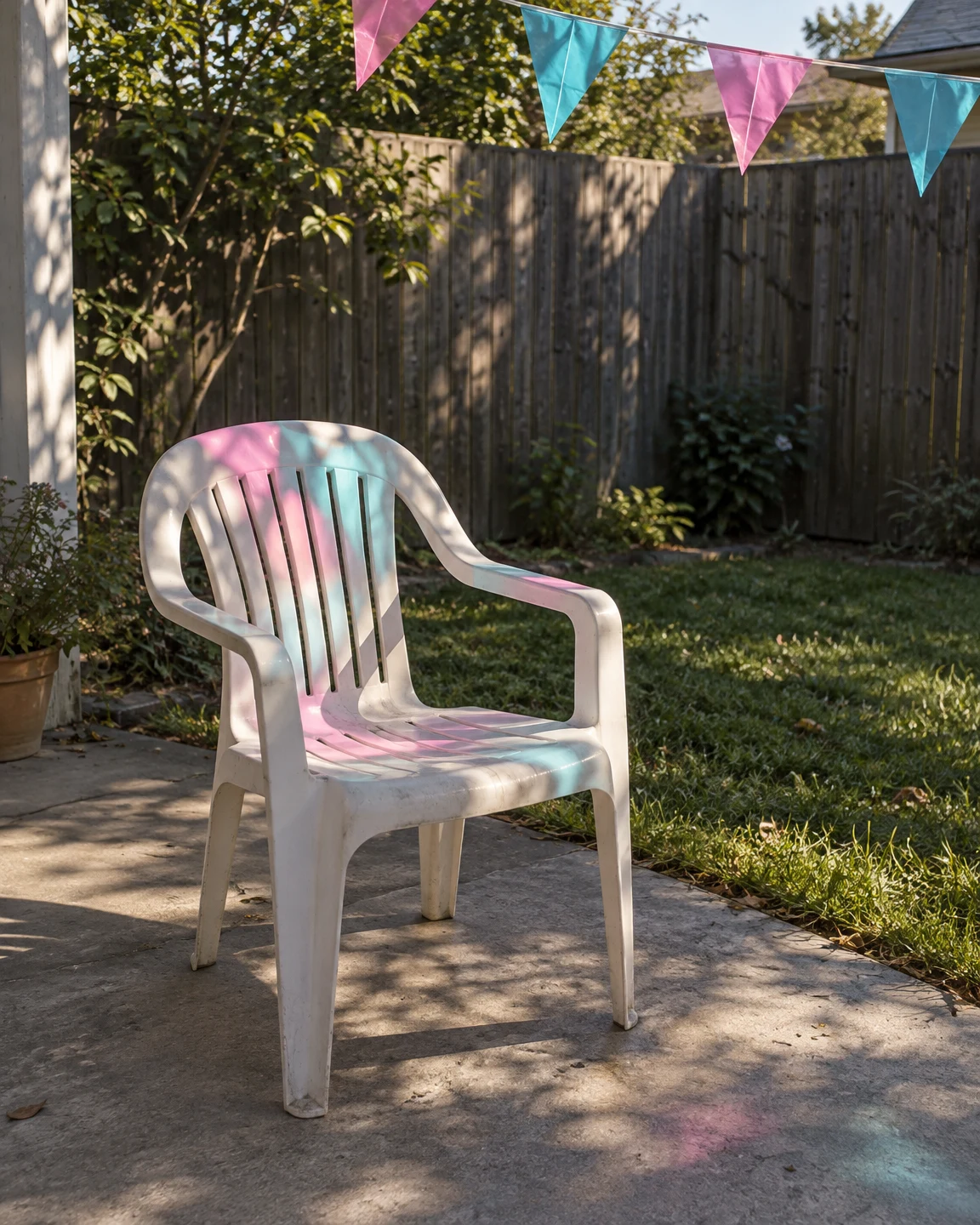 An empty white plastic garden chair sits on a concrete patio beside grass and a timber fence.