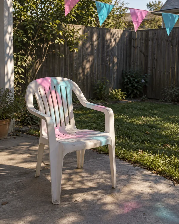 An empty white plastic garden chair sits on a concrete patio beside grass and a timber fence.