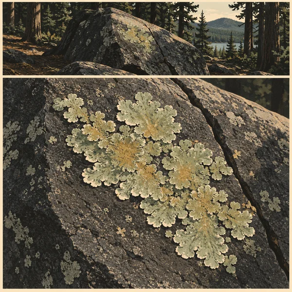 A vintage-style two-panel illustration shows a lichen-covered slate boulder in a conifer forest above, with a close view of pale sage and ochre leafy lichen…