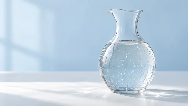 A clear, round-bellied glass carafe filled with bubbly water stands right of center on a white tabletop against a pale blue background, with open space to the…