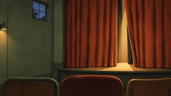 An empty small theatre auditorium faces a low wooden stage framed by tall terracotta curtains, partly open to warm light.