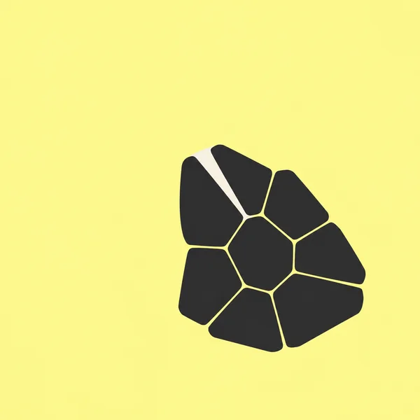 Eight irregular charcoal polygons form a compact rounded patch on a pale yellow ground, with narrow yellow joints and a broad ivory slit running from the…
