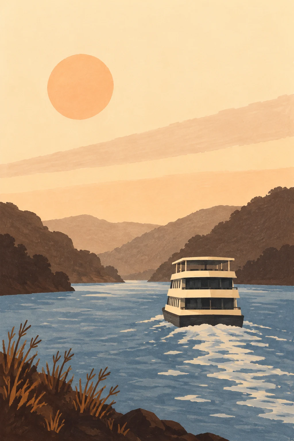 A cream multi-deck river-cruise boat travels away along a blue river between layered brown hills, with a pale wake, a large peach sun, broad hazy sky bands and…