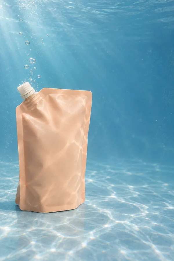 A blank pale-apricot refill pouch with an ivory screw cap stands on a pale blue floor underwater, with bubbles rising beside it and open blue water to the…