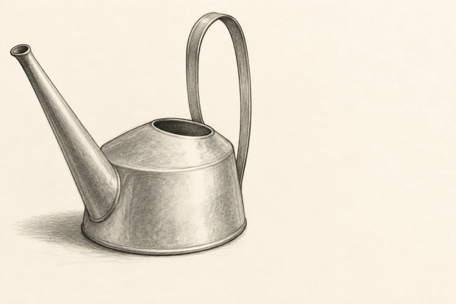 A hand-drawn graphite-style illustration of a squat metal watering can with a tall loop handle and long open spout, on warm ivory paper with a soft ground…