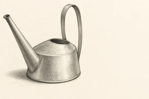 A hand-drawn graphite-style illustration of a squat metal watering can with a tall loop handle and long open spout, on warm ivory paper with a soft ground…