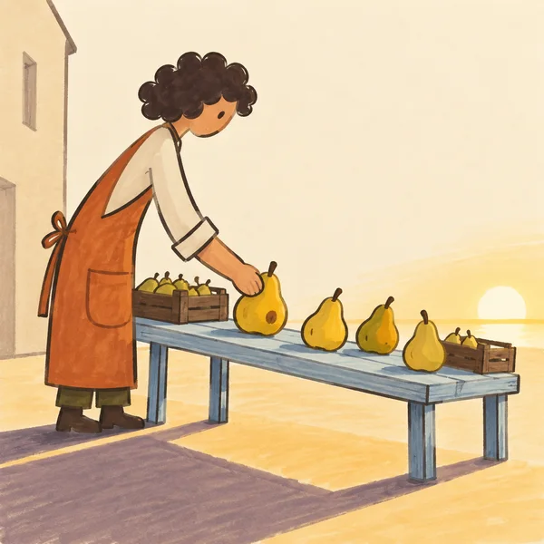 A curly-haired seller in a terracotta apron places a spotted yellow pear on a pale-blue outdoor table with three other prominent pears; wooden crates of…