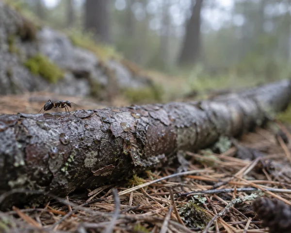 A black ant walks along a rain-darkened fallen branch amid pine needles, with muted woodland softly blurred in the background and open space to the right.