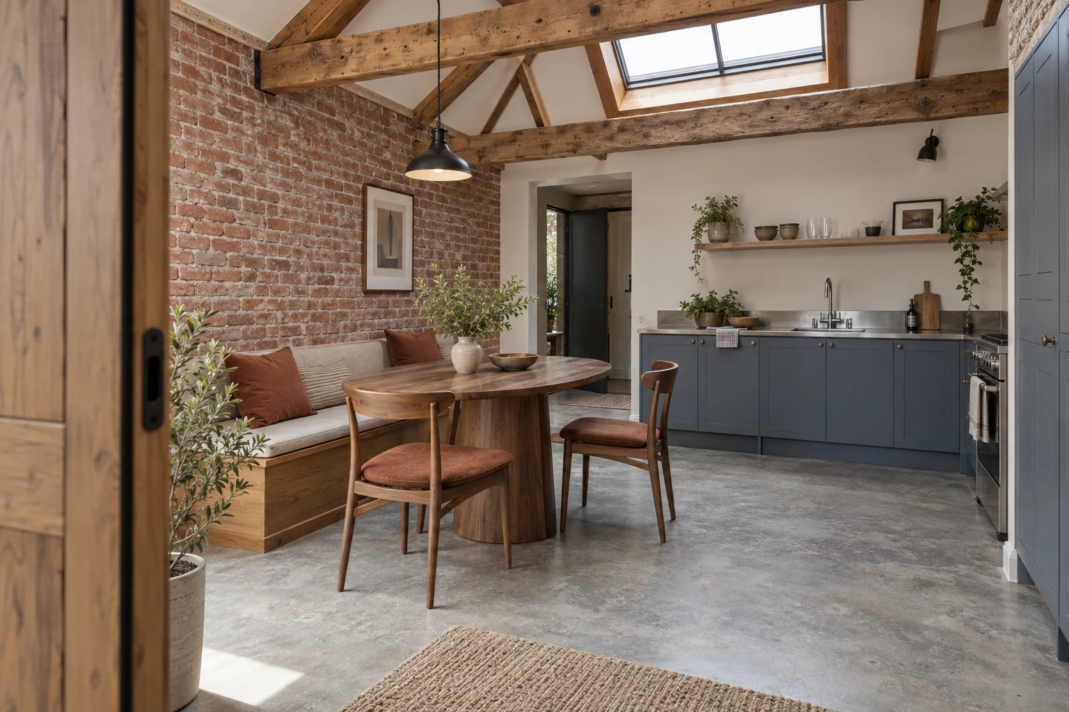 A warm industrial-style loft dining corner with an oval wooden table, two rust-cushioned chairs, a built-in bench against exposed brick, and blue-grey kitchen…