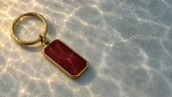 A brass split ring and rounded rectangular burgundy fob lie diagonally on a pale textured surface underwater, with small bubbles and bright rippling light…