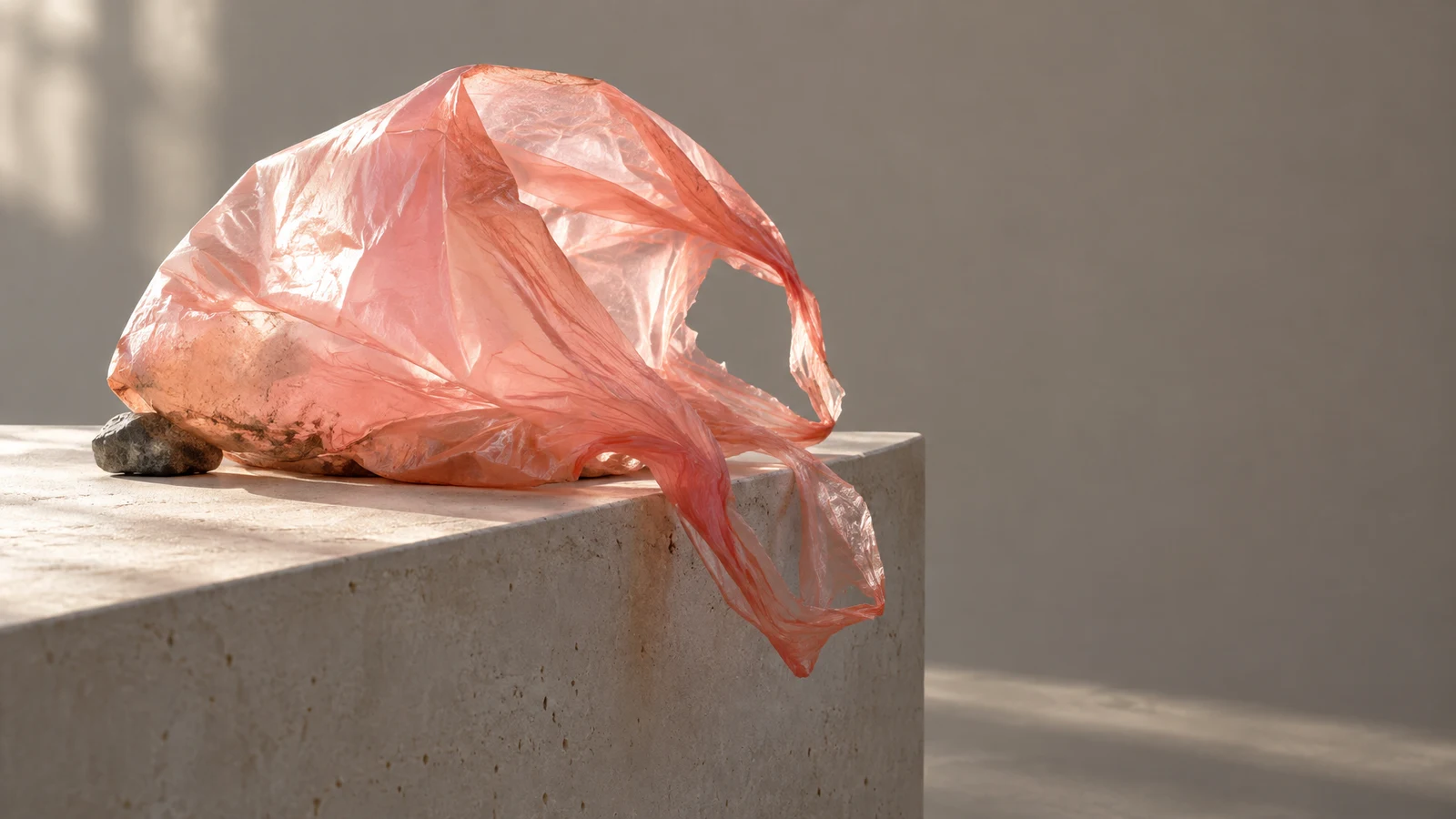 A translucent coral-pink plastic shopping bag lies across the left side of a pale stone plinth, weighted by a small grey stone.