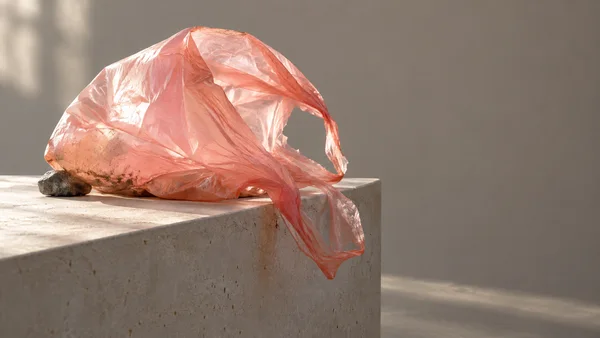 A translucent coral-pink plastic shopping bag lies across the left side of a pale stone plinth, weighted by a small grey stone.
