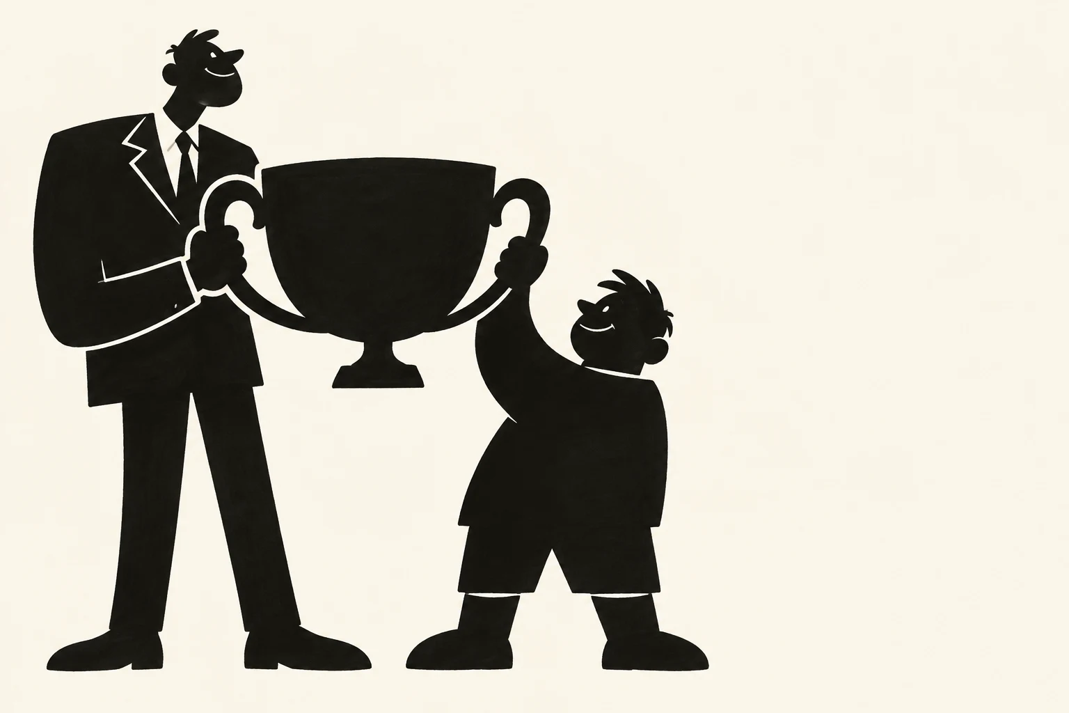 A tall adult in a suit and a shorter, broad child smile as they hold an oversized two-handled trophy together against a warm ivory background, with open space…