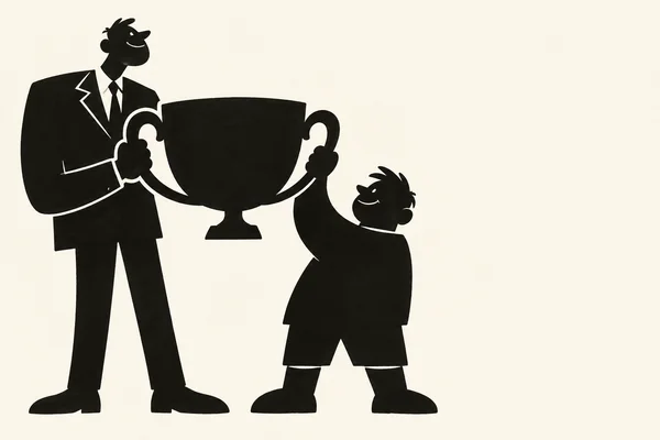 A tall adult in a suit and a shorter, broad child smile as they hold an oversized two-handled trophy together against a warm ivory background, with open space…