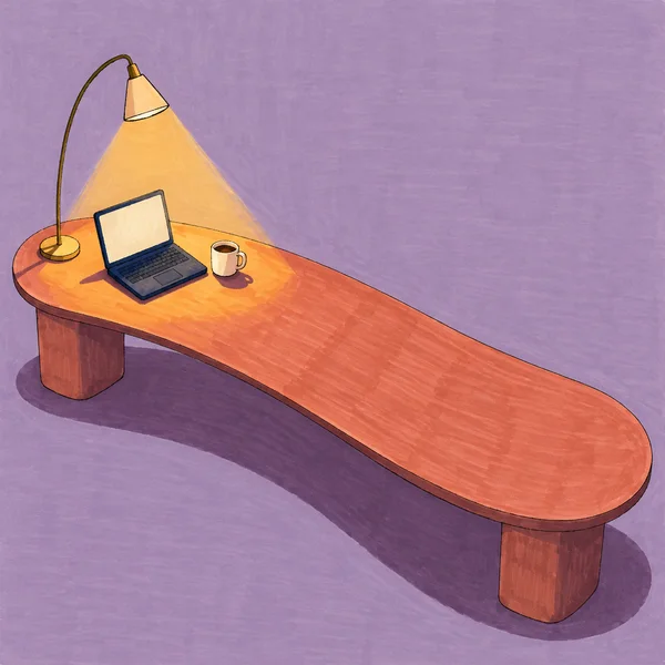 A hand-drawn editorial illustration of a long terracotta desk sweeping diagonally across a dusty lavender background.