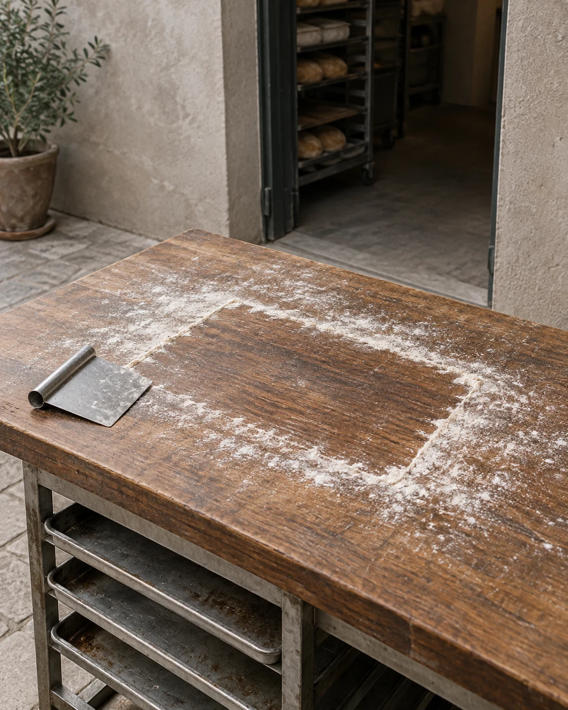 A worn walnut-brown bakery workbench sits outside an open doorway, with an irregular flour rectangle and a steel dough scraper on top; metal tray shelves are…