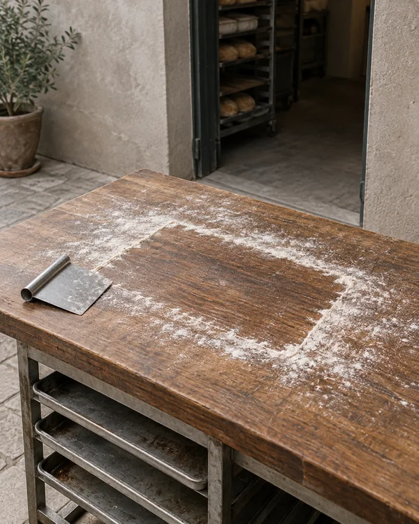 A worn walnut-brown bakery workbench sits outside an open doorway, with an irregular flour rectangle and a steel dough scraper on top; metal tray shelves are…