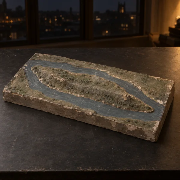 A weathered rectangular plaster terrain relief rests on a charcoal table, showing a long raised green island between slate-blue river channels.