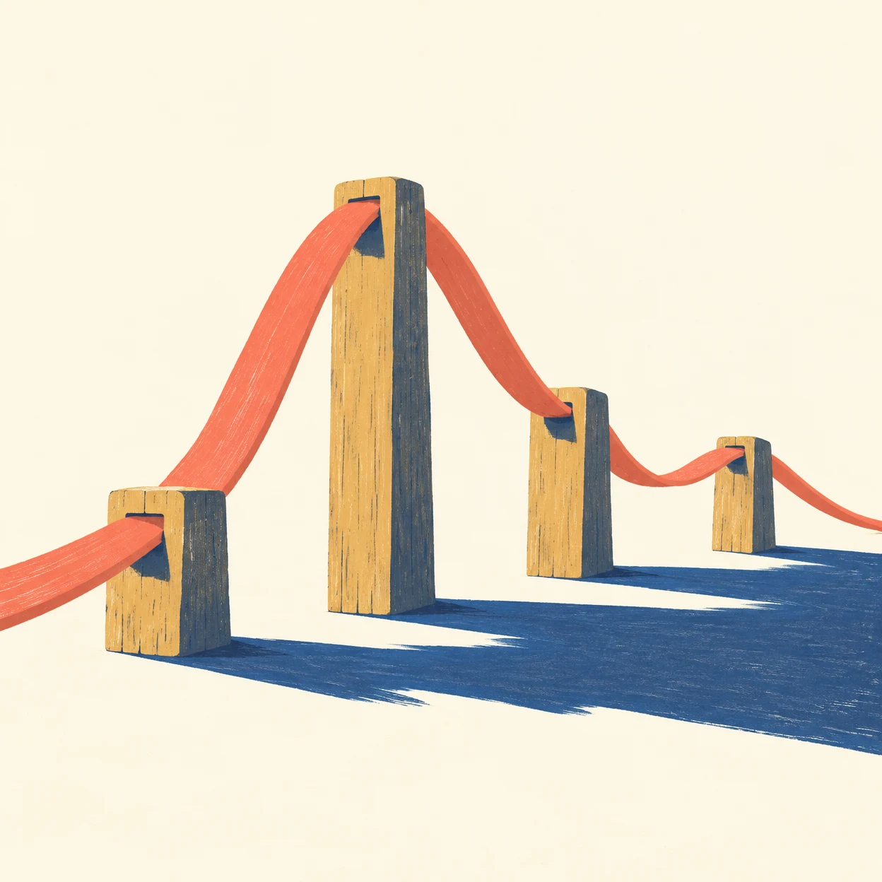 A coral strip curves through four notched ochre wooden supports of different heights, with a long deep-blue shadow stretching across a warm ivory surface.