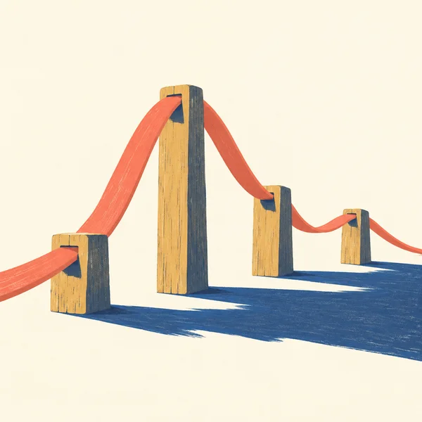 A coral strip curves through four notched ochre wooden supports of different heights, with a long deep-blue shadow stretching across a warm ivory surface.
