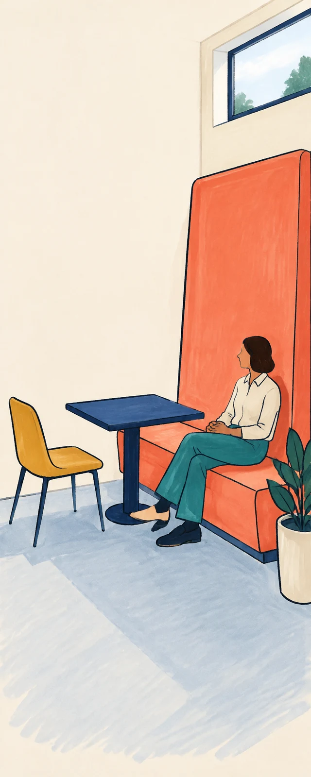 A hand-drawn illustration of a seated person in teal trousers and a cream shirt on a tall coral banquette, beside a small navy pedestal table and an empty…