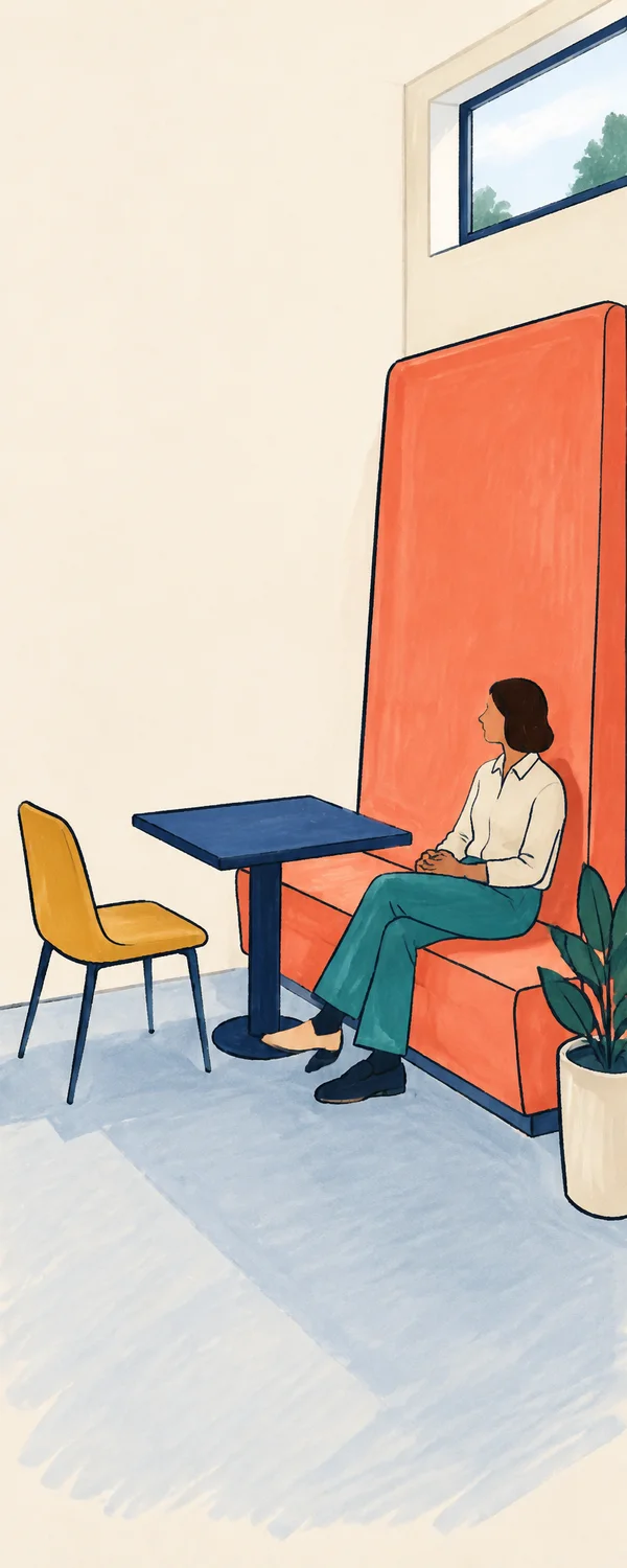 A hand-drawn illustration of a seated person in teal trousers and a cream shirt on a tall coral banquette, beside a small navy pedestal table and an empty…