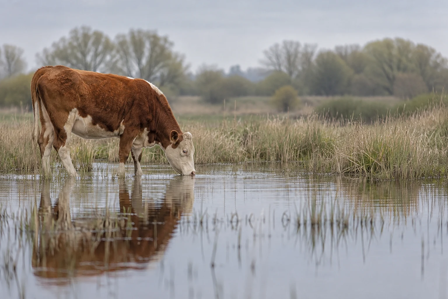 A rust-brown and cream cow stands in profile in shallow wetland water, lowering its head to drink among pale reeds, with its reflection in the pool and…