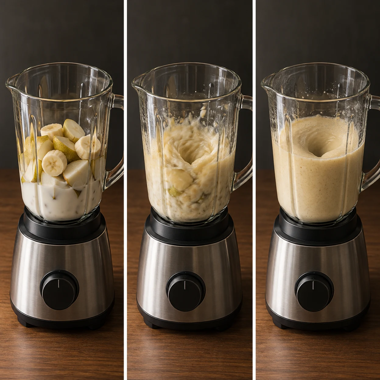 A three-panel image shows the same glass blender on a walnut counter: pear and banana pieces in milk at left, a turbulent fruit mixture in the middle, and a…