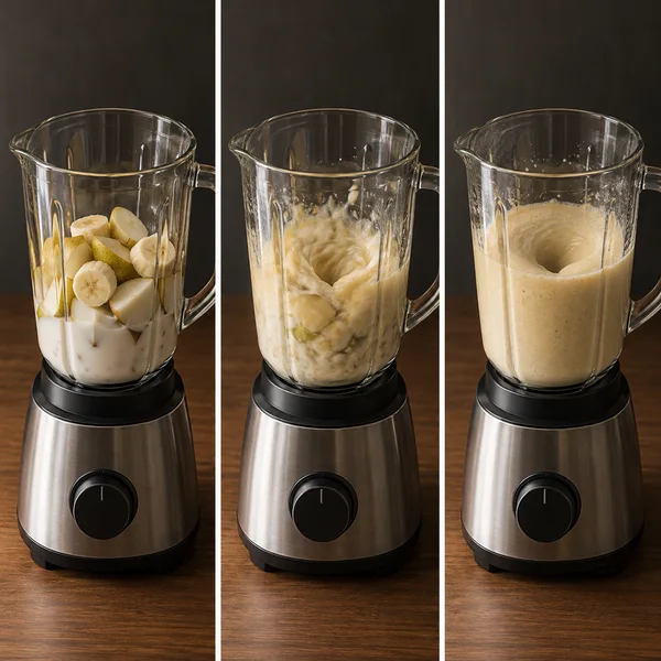 A three-panel image shows the same glass blender on a walnut counter: pear and banana pieces in milk at left, a turbulent fruit mixture in the middle, and a…
