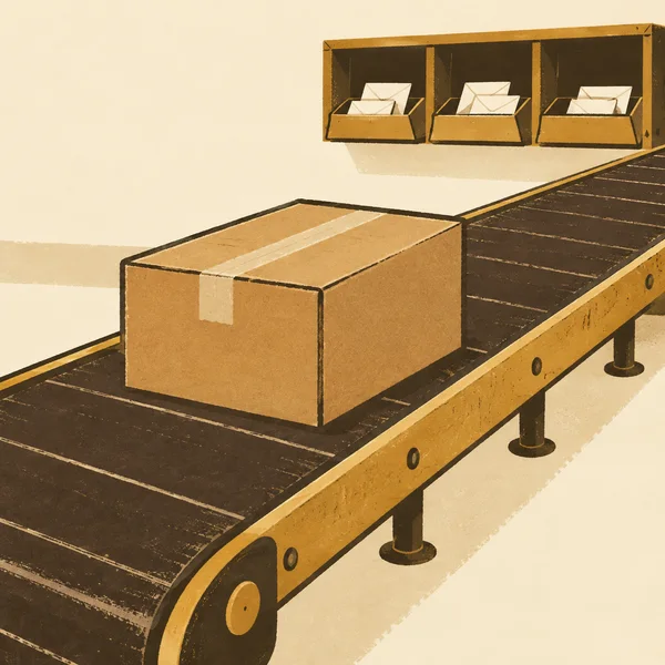 A large taped cardboard parcel rests on a dark slatted conveyor in a warm-toned illustrated postal sorting room, with three wall-mounted bays holding cream…