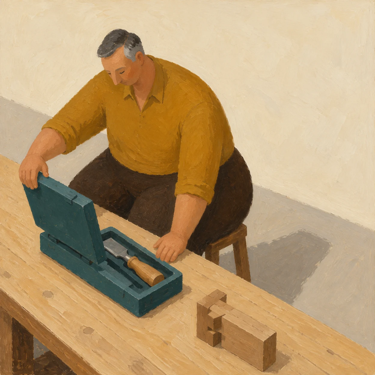 A seated middle-aged man with gray temples opens a teal woodworking-tool case on a diagonally placed pale wooden workbench; a chisel sits inside, with a wooden…