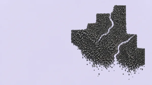 A dense, stepped formation of dark graphite-colored particles fills the right side of a pale lavender field, with several narrow background-colored gaps and…