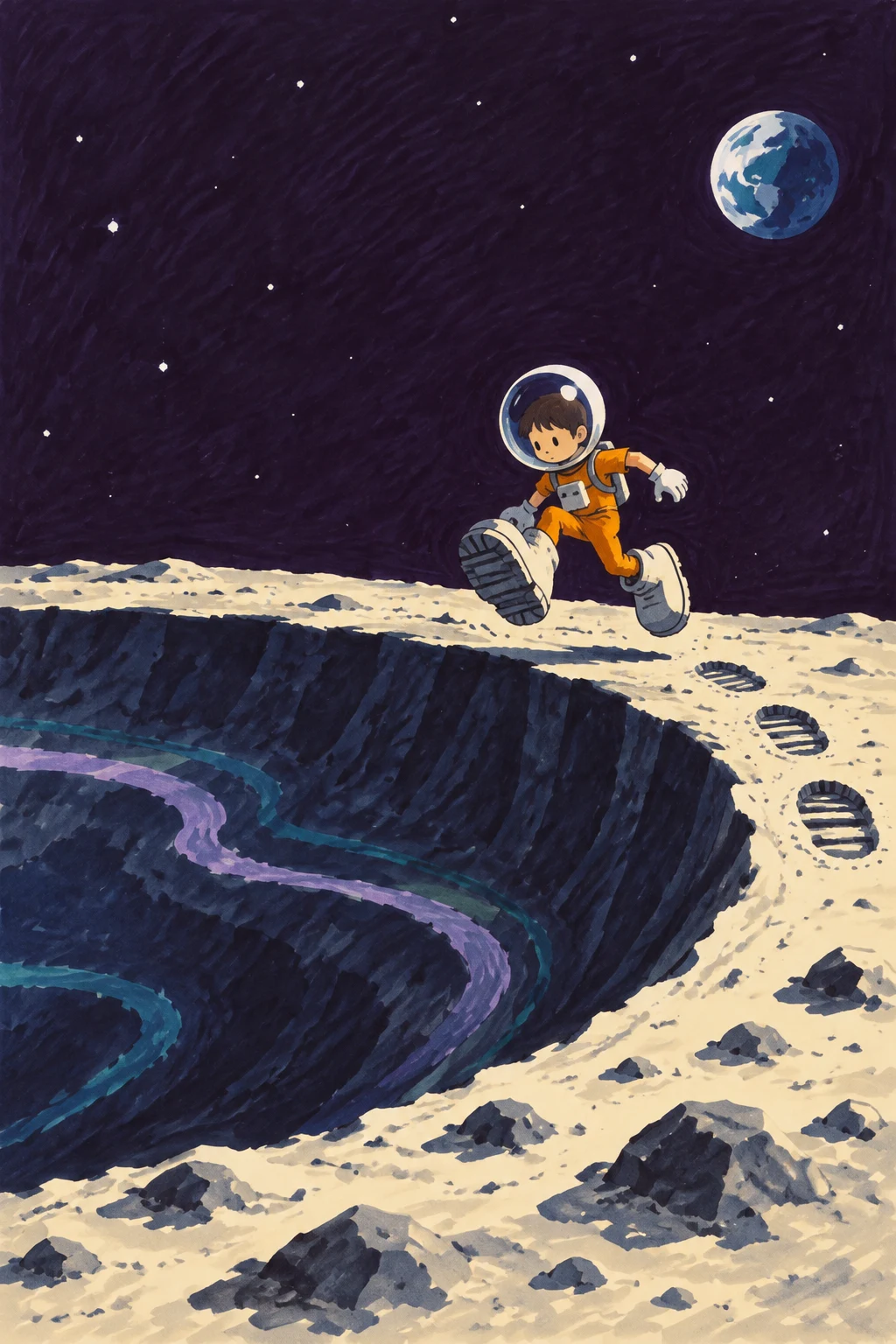A child astronaut in an orange suit hops above the pale rim of a vast indigo lunar crater, with three bootprints on the dusty ground and Earth visible in the…