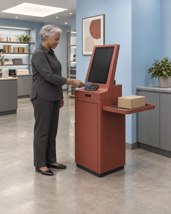 An older woman with short silver hair stands beside a brick-red self-service kiosk, holding a bank card over its reader.