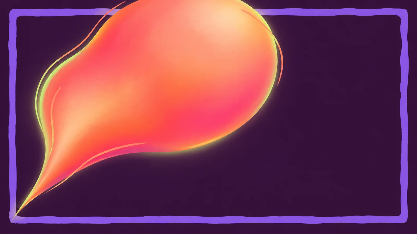 A luminous coral and orange plume with a broad rounded head and a narrow tail sweeps up from the lower-left across a thick, uneven violet rectangular border on…