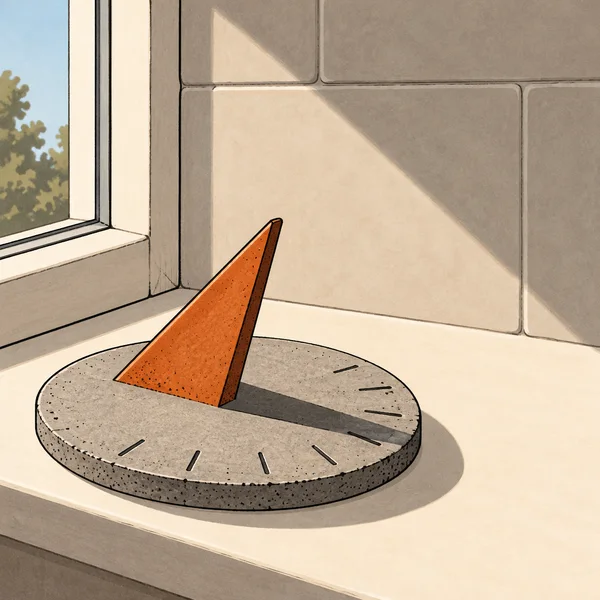 A broad, shallow ash-gray stone sundial with an ember-orange triangular gnomon rests on a sunlit kitchen windowsill.