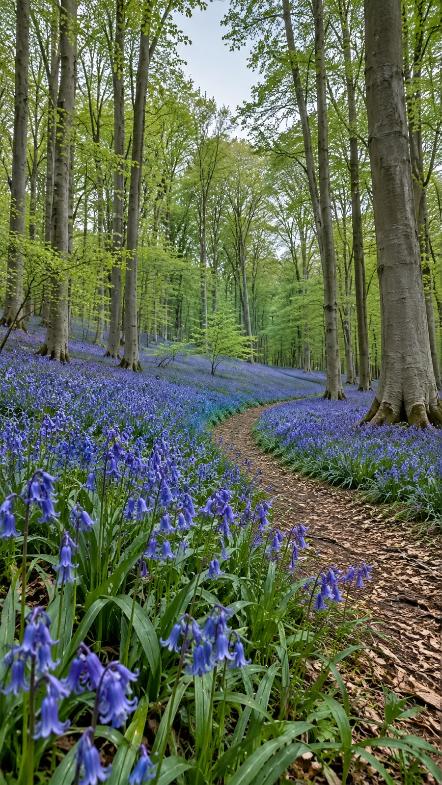 A narrow leaf-covered path curves through a beech woodland carpeted with blue-violet bluebells and green leaves, beneath tall grey trunks and a fresh green…